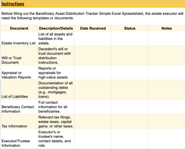 Beneficiary Asset Distribution Tracker Simple Excel Spreadsheet